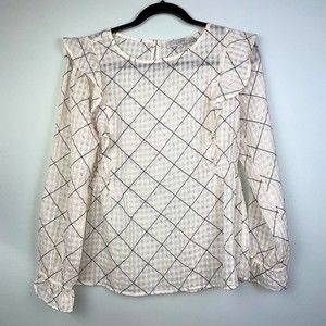 Ann Taylor LOFT Ruffle Black White Windowpane Long Sleeve Sheer Blouse Women's S